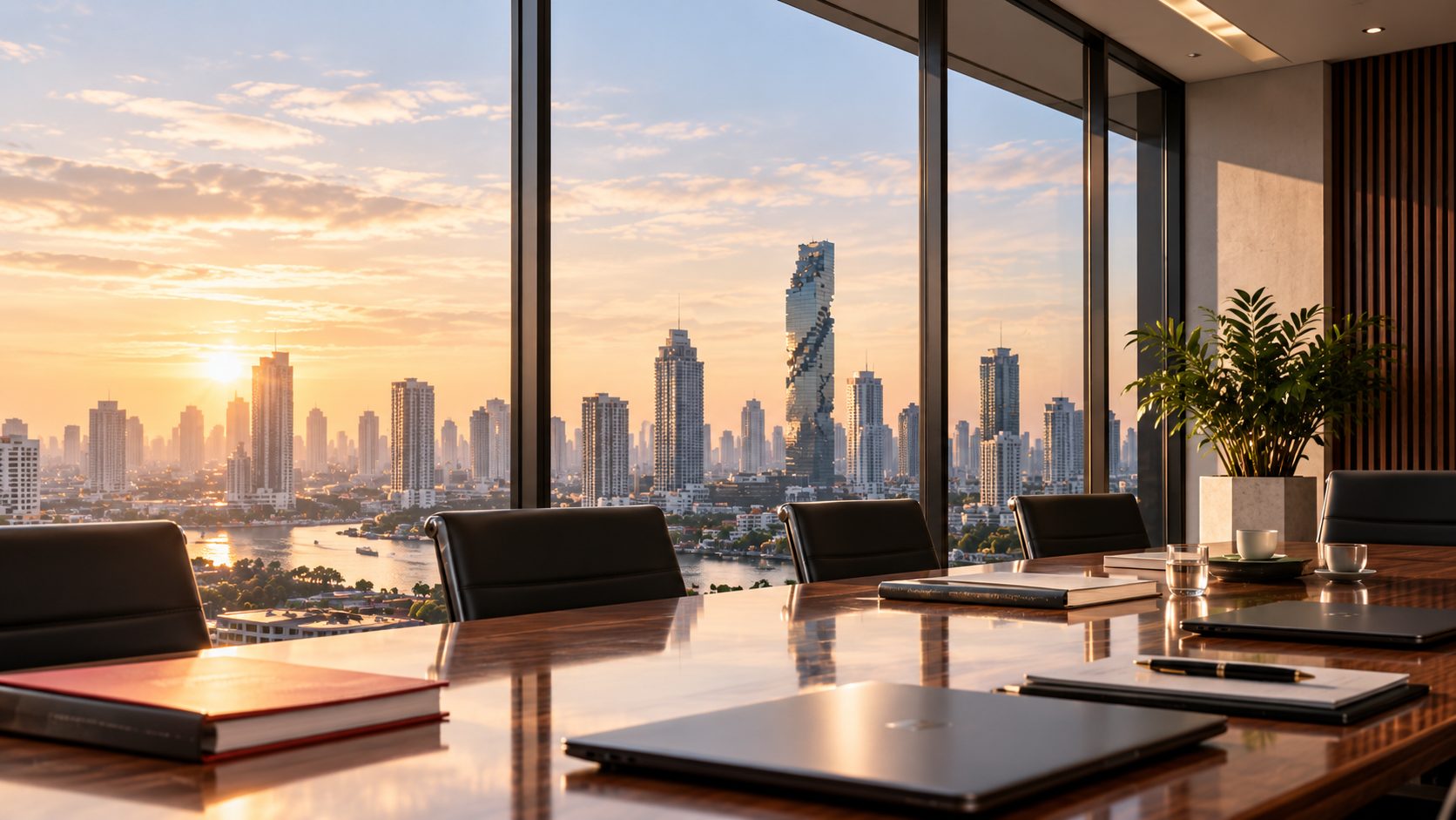 A WMC meeting room overlooking the Bangkok skyline and the Chao Phraya River at sunset