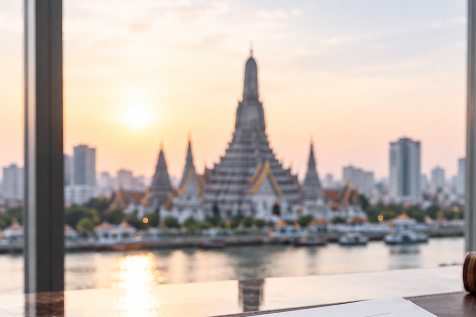 Wat Arun and the Chao Phraya River at sunset, seen from an office window in Bangkok