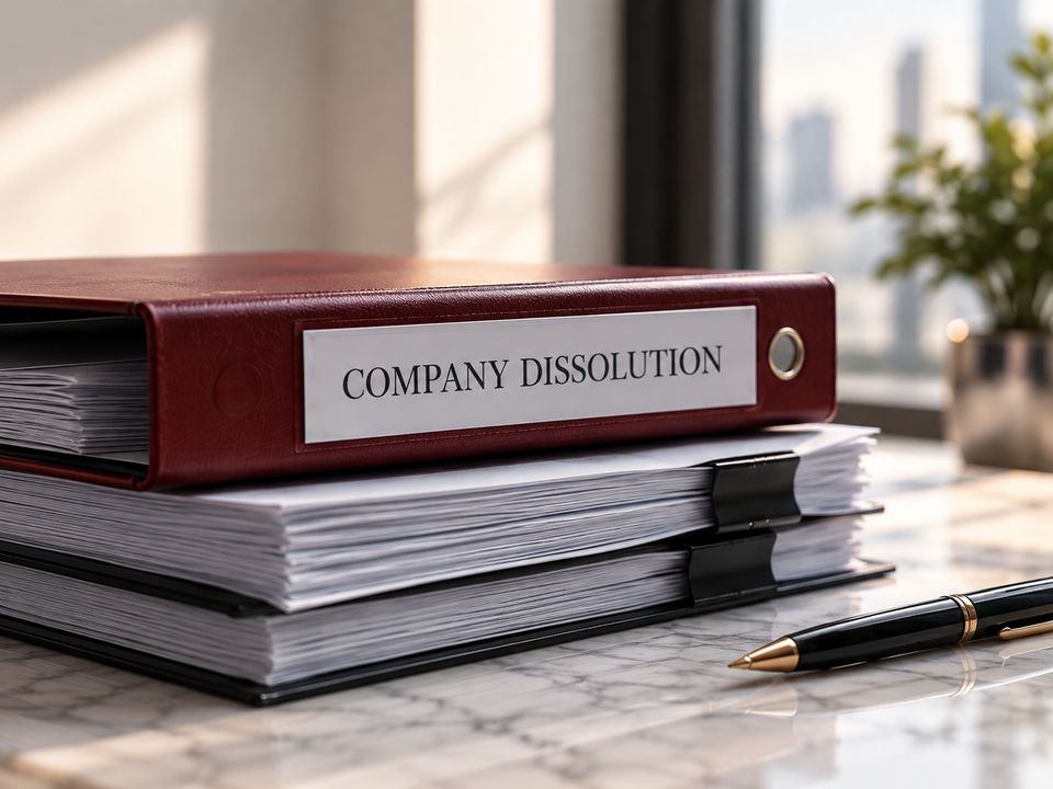 A red binder labelled Company Dissolution on a stack of files