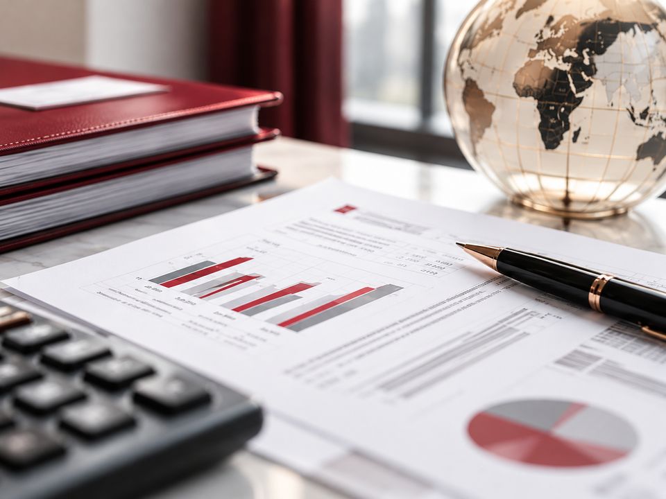 Financial statements with red and grey charts, a pen and a calculator on a desk
