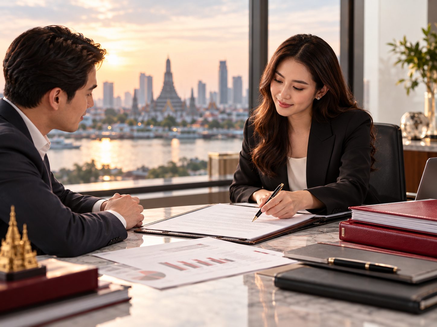 An accountant takes notes in a meeting with a business owner, in an office overlooking the Chao Phraya River and Wat Arun