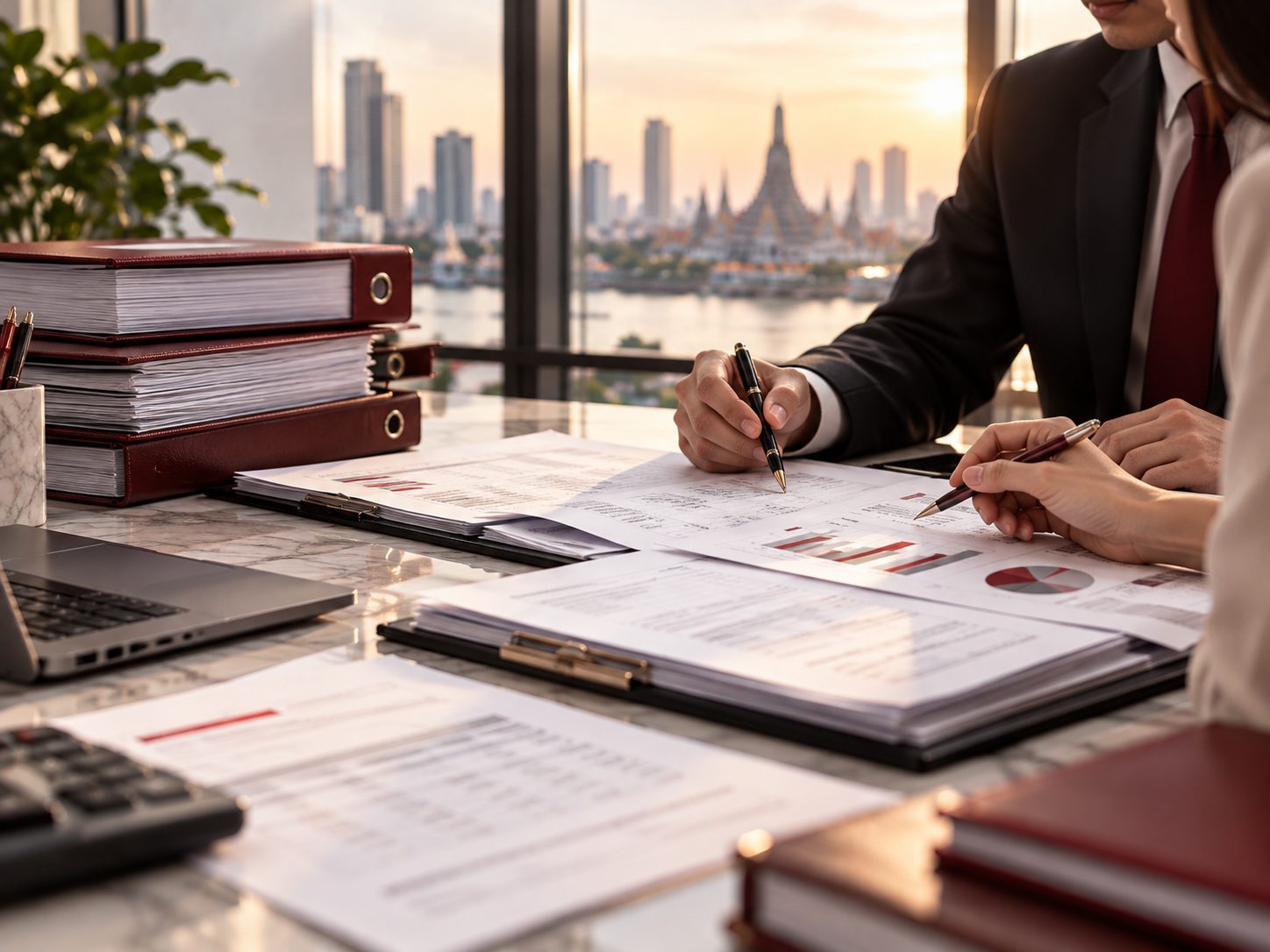 Two people annotate financial records beside a stack of red binders