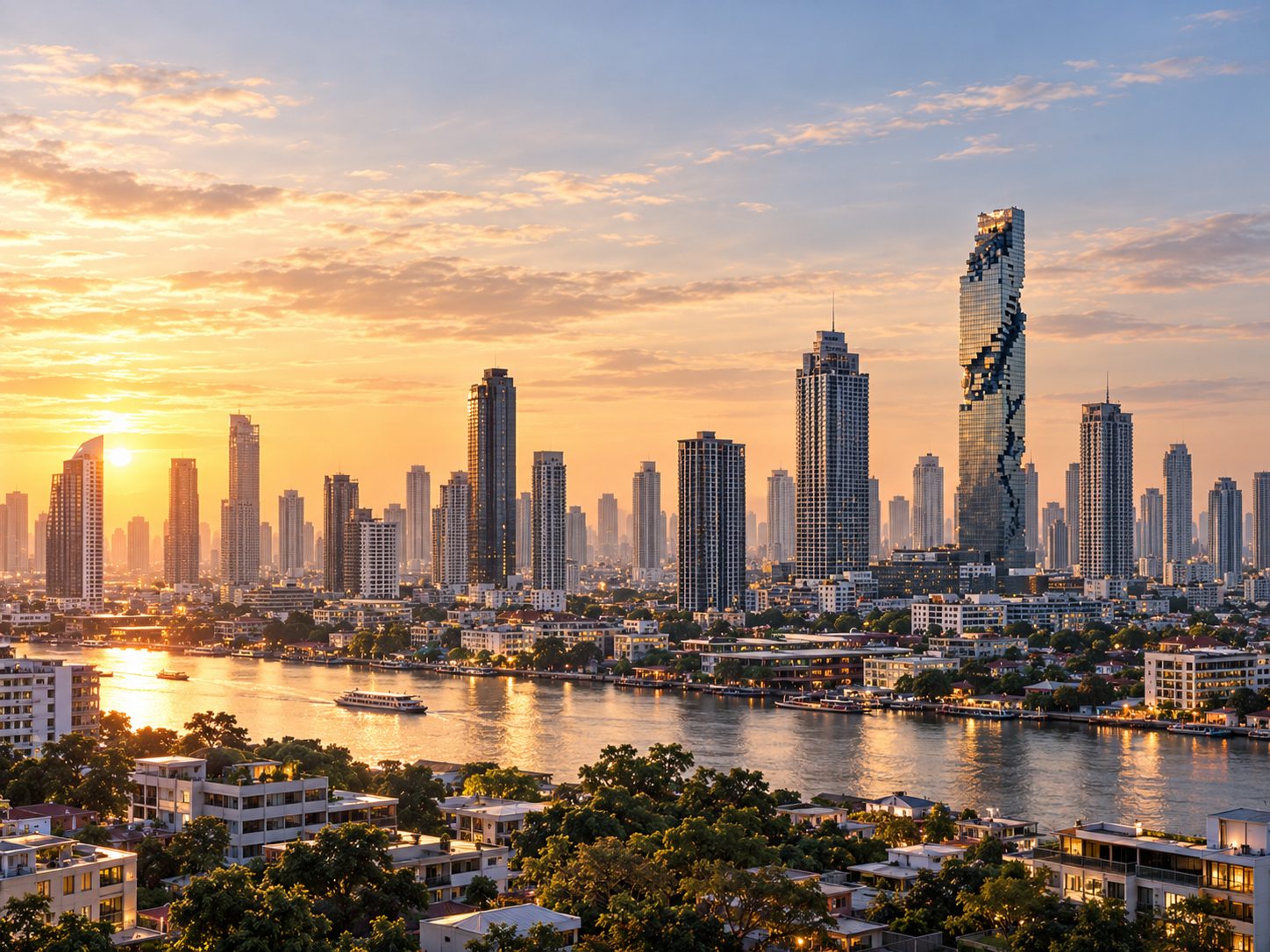 The Bangkok skyline and the Chao Phraya River in the evening sun