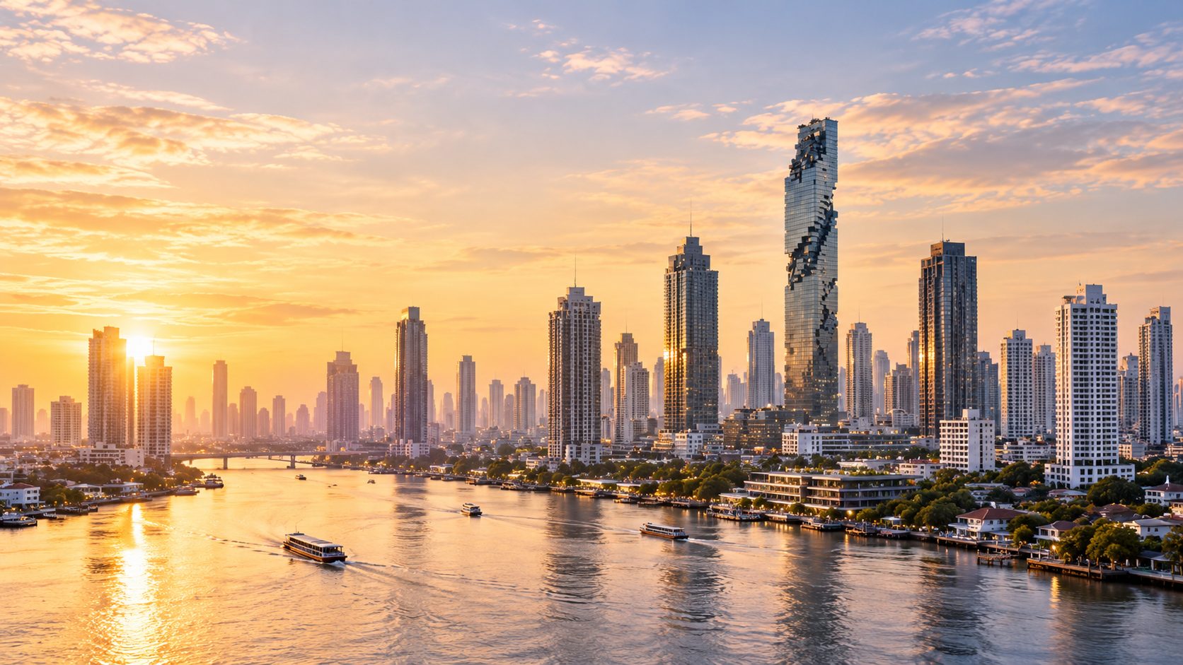 The Bangkok skyline and the Chao Phraya River at sunset