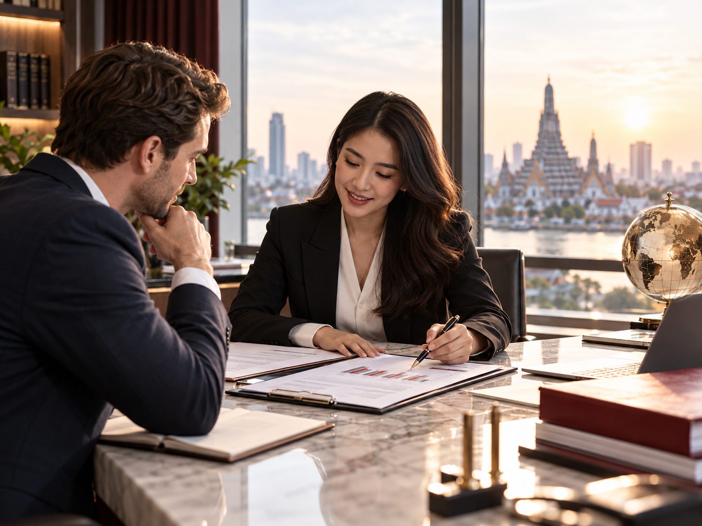 An accountant reviews a report with a client in a Bangkok office overlooking Wat Arun