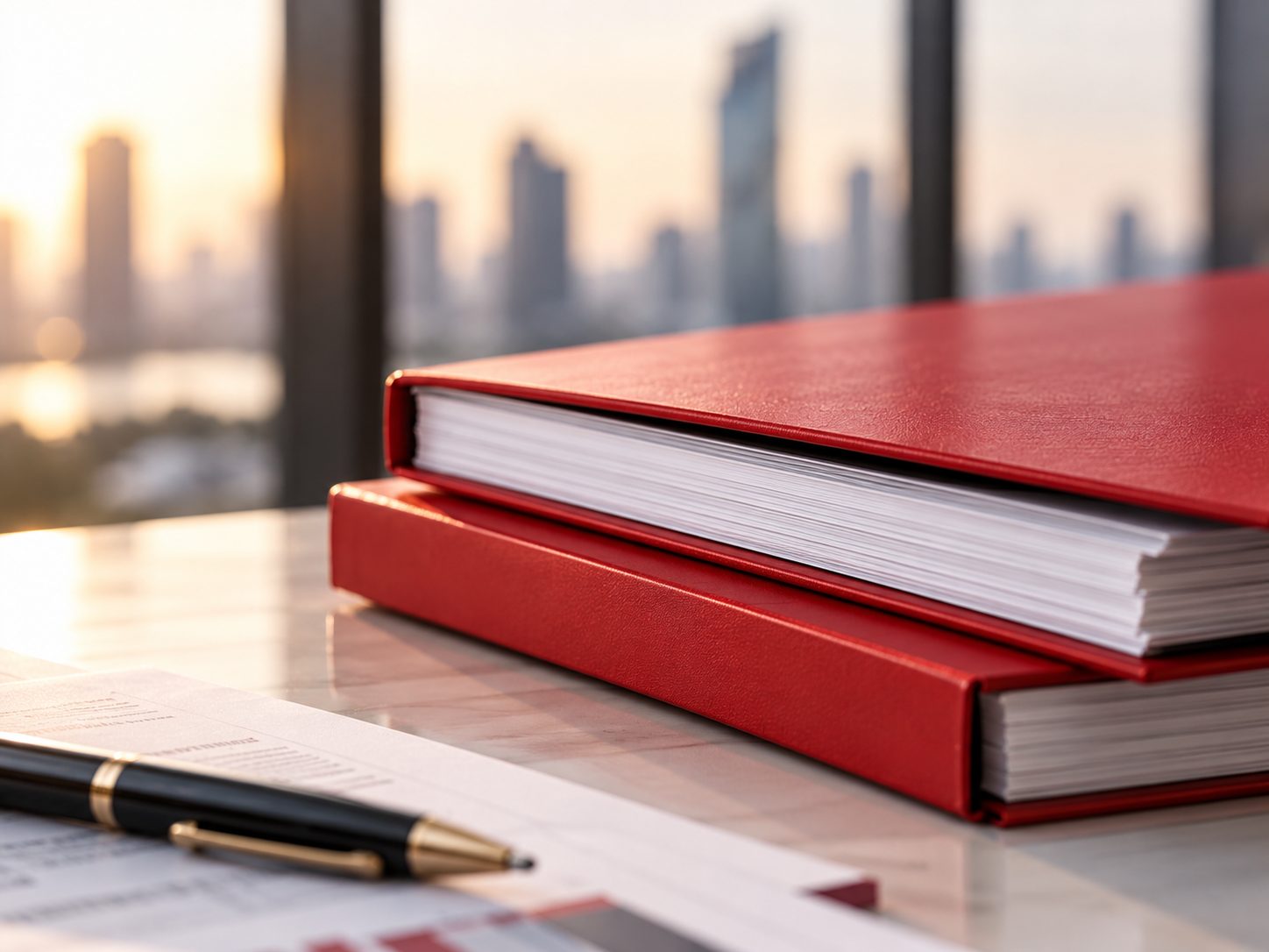 Red bound ledgers and a pen on a desk, with the Bangkok skyline out of focus behind