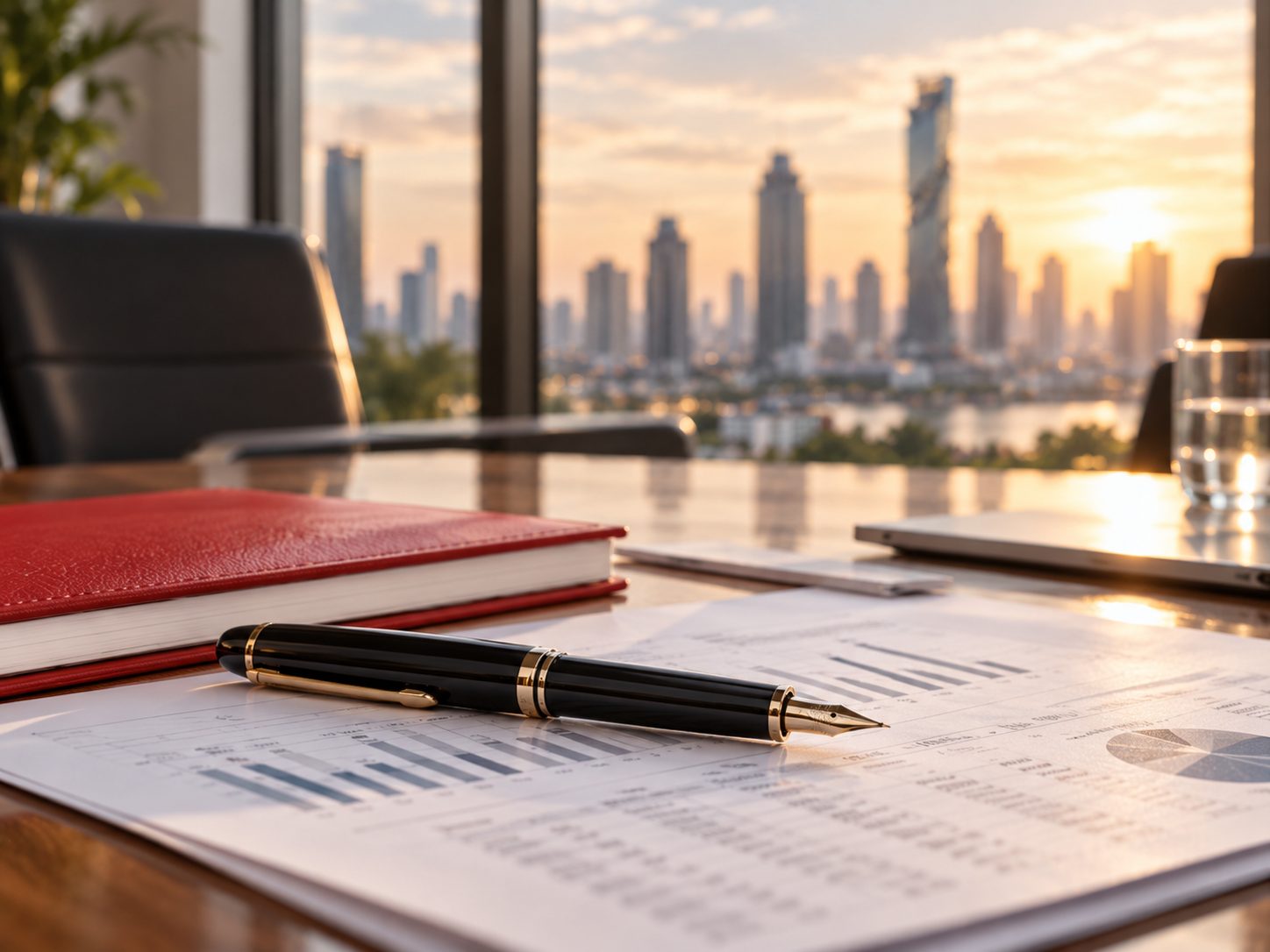 A red notebook and a pen on a desk in an office overlooking the Bangkok skyline