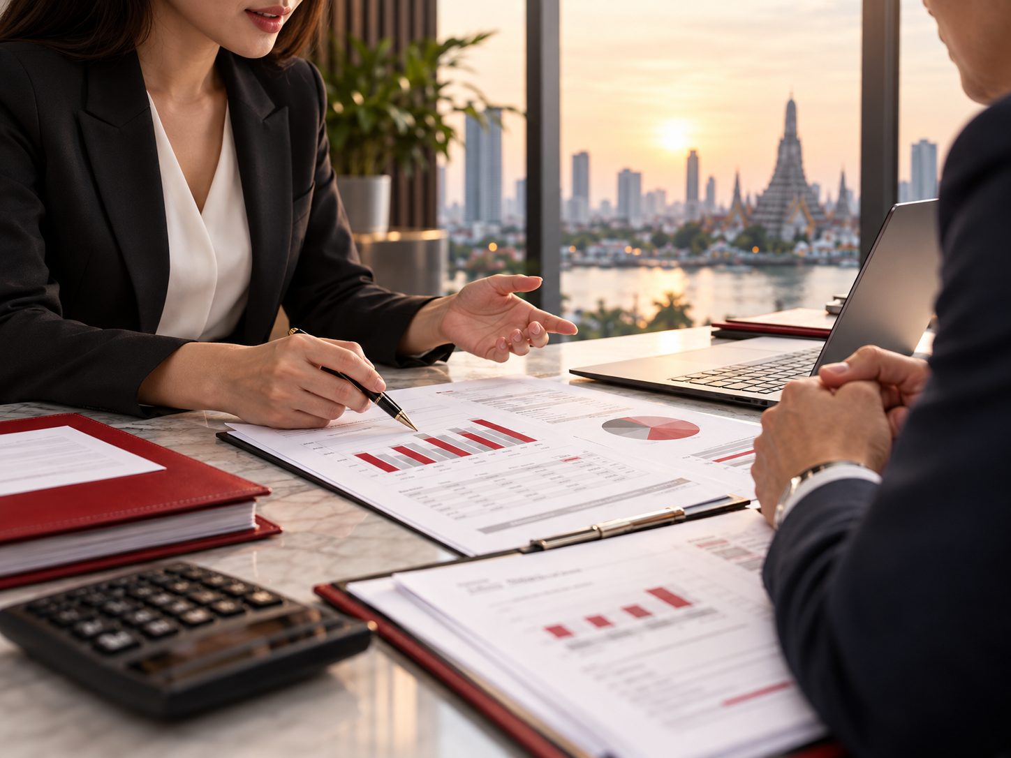 An adviser talks a client through a financial report at a desk with red binders and a calculator